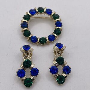 Vintage Brooch And Clip On Earring Set Blue And Green Glass Gold Tone Rhinestone
